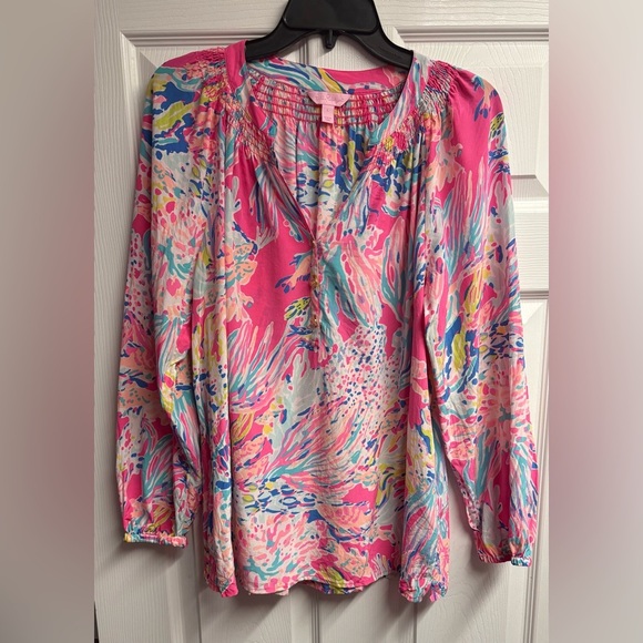 Lilly Pulitzer Tops - *SOLD* Lilly Pulitzer Elsa 100% Silk Top In Dragonfruit Sunken Treasure Size L